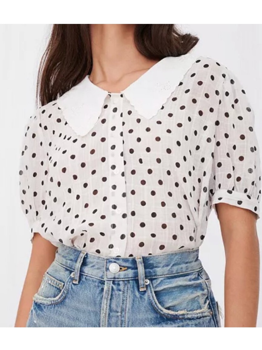 Maje Coiso Polka Dot Sheer Blouse With Embroidered Peter Pan Collar Size Large